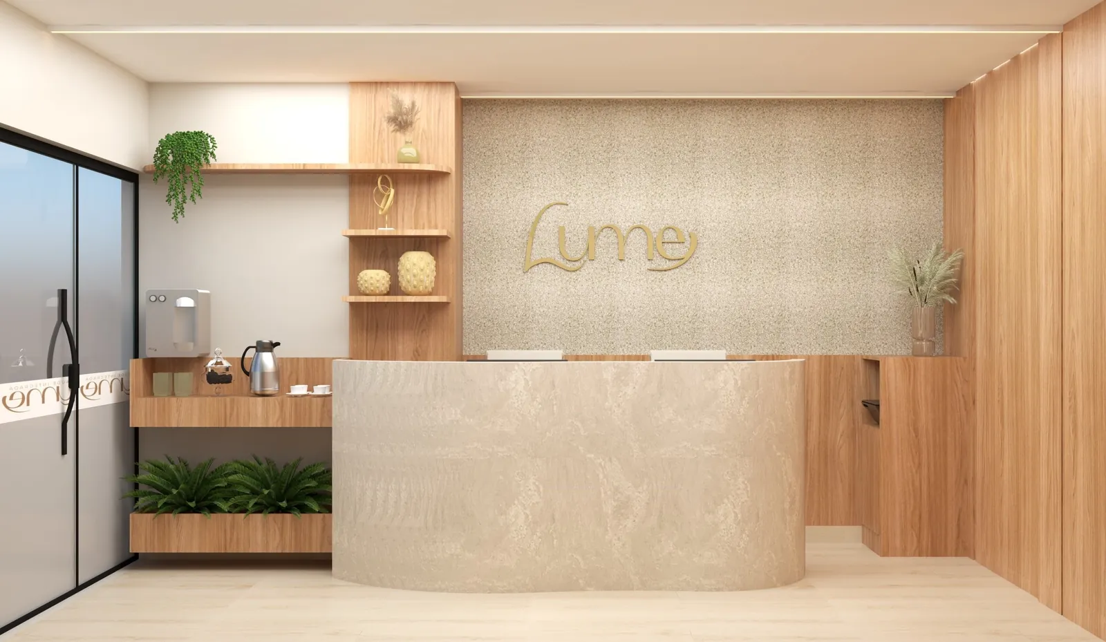 Recepção e copa da clínica Lume em perspectiva, com painel de madeira e iluminação linear.