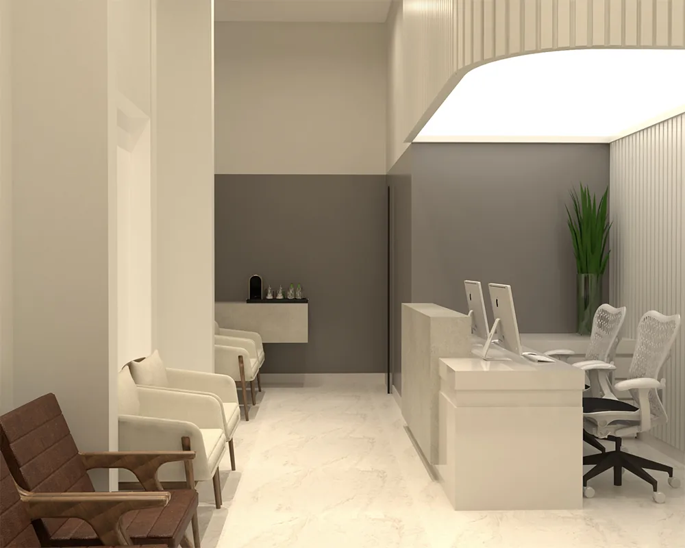 Recepção de consultório oftalmológico em 3D, com balcão claro, poltronas e forro iluminado.